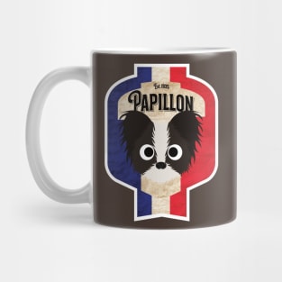 Papillon - Distressed French Butterfly Dog Beer Label Design Mug